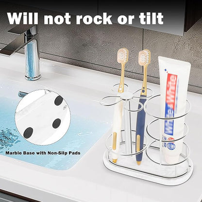 Toothbrush Holder Stand for Bathroom, Metal Toothbrush Organizer with Marble Base, Toothbrush Storage Collection for Family, Suitable for Home Hotel Countertop Vanity (Medium, Chrome Finish)