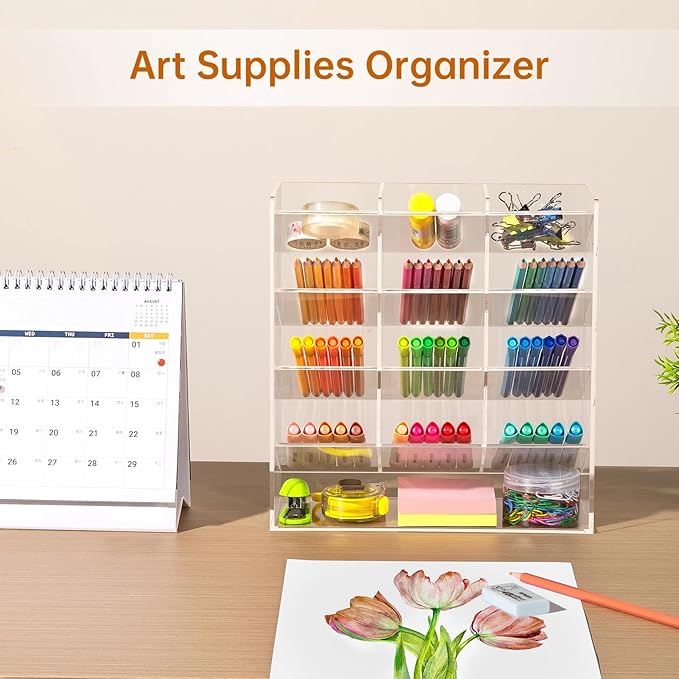 BEYGORM Acrylic Vertical Marker Organizer for 150 Markers with 13 Compartments, Clear Angled Pen & Pencil Holder, Large Desk Stationery & Art Supply Storage for Office & School (10.2 x 9.8 x 4 Inch) | for 150 Markers, Angled, Pen Holders, Desktop Organ...