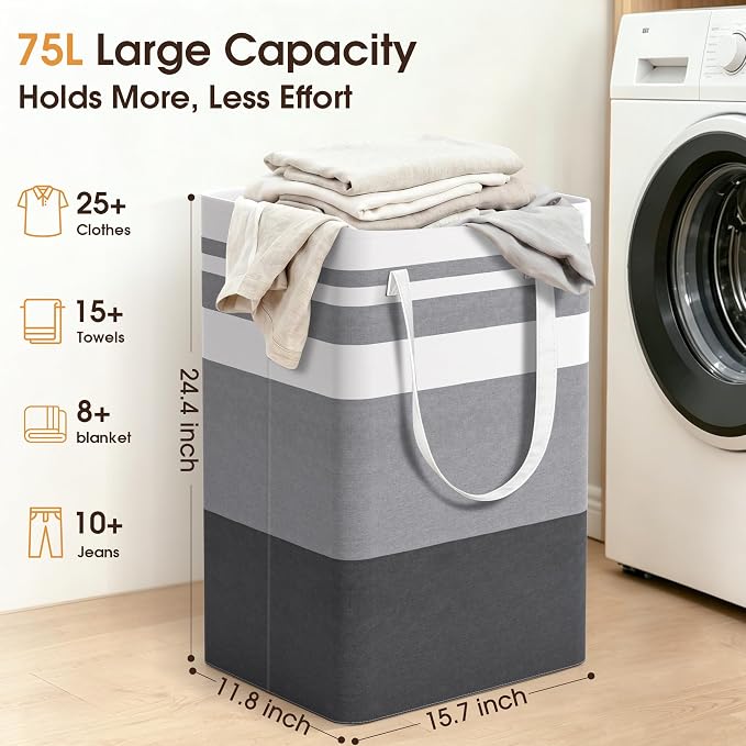 HomeHacks 2 Pack Large Laundry Baskets, Waterproof, Freestanding Laundry Hampers, Collapsible Clothes Hamper with Reinforced Handles in Laundry Room, College Dorm, Bathroom, Bedroom (Grey, 75Lx2)