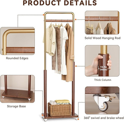 Clothes Rack Solid Wood Coat Rack, Metal and Solid Wood Combination Clothing Rack with Wheels for Entryway, Bedroom, Living Room, Coat Racks Freestanding for Hanging Clothes Garment Scarf