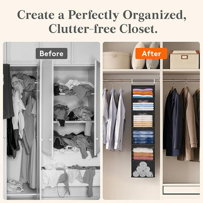 Lifewit 6 Tier Hanging Closet Organizer and Storage for Shelves, 1 Pack Foldable Clothes Shelf with 2 Sturdy Hooks, Sweater/Coat/Shoes Clothing Organization for Wardrobe, Dorm, Bedroom, Black