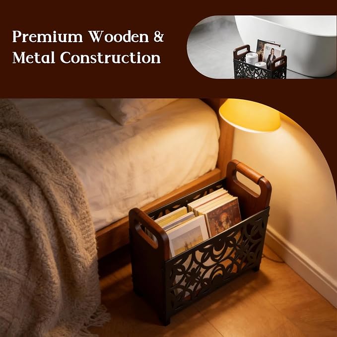 Magazine Holder Floor, Magazine Holder – Wooden & Metal Decorative Magazines Rack, Freestanding Newspaper & Book Storage Organizer for Living Room, Bedroom, and Office