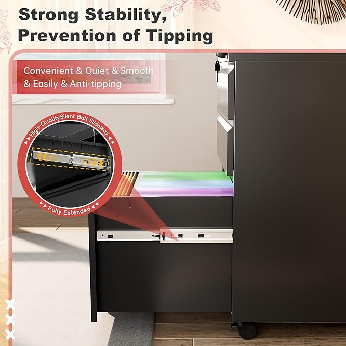 Superday Black File Cabinet 3 Drawer, Fully Assemble Metal Rolling Vertical Filing Cabinet with Wheels, Small Under Desk File Cabinets for Home Office