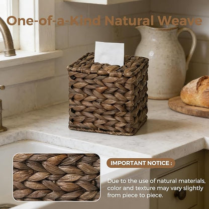 Tissue Box Cover, Square Wicker Tissue Box Holder Facial Tissues Boxes, Hand Woven Napkin Box Tissue Holder for Bathroom Bedroom Office Table Desk Night Stand, Boho Decorative, Brown