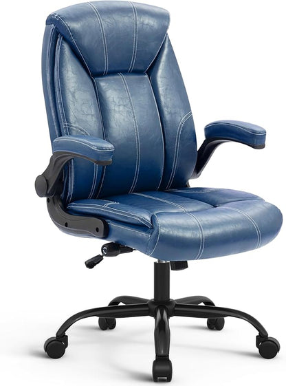 YAMASORO Executive Office Chair,Big and Tall Ergonomic Desk Chair with Adjustable Lumbar Support,Breathable PU Leather Computer Chair wih Flip-up Arms and Wheels,Navy Blue