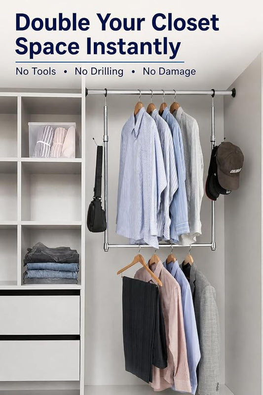 Adjustable Closet Rod Extender with Hooks, Expandable Double Hanging Organizer for Closets, Kids' Wardrobe & Laundry Room, No Tool Assembly, Metal Tension Pole, Chrome Finish