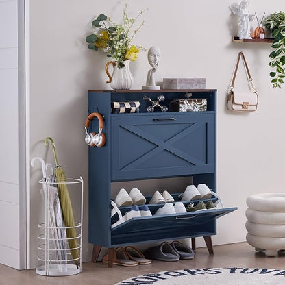 Shoe Storage Cabinet with 2 Flip Drawers, Farmhouse Shoe Organizer for Entryways, Narrow Hidden Rack & Open Storage, Free Standing Closet for Foyers, Hallways, Navy Blue