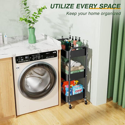 LEHOM 3 Tier Rolling Storage Cart, Metal Trolley Utility Cart with Wheels & Hooks, Easy Assembly Organizer Storage Cart for Bathroom Kitchen Office Bedroom