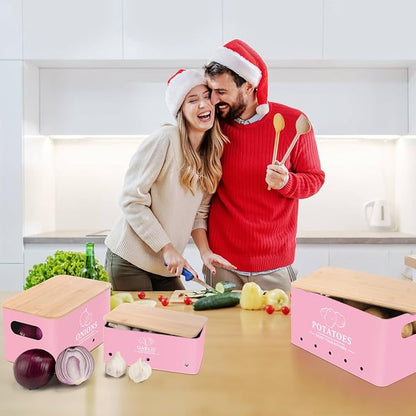 Kitchen Vegetable Storage Set of 3, Metal Onion Garlic Potato Storage Set, Kitchen Canisters Vegetable Keeper Containers with Aerating Holes and Bamboo Lid,Pink