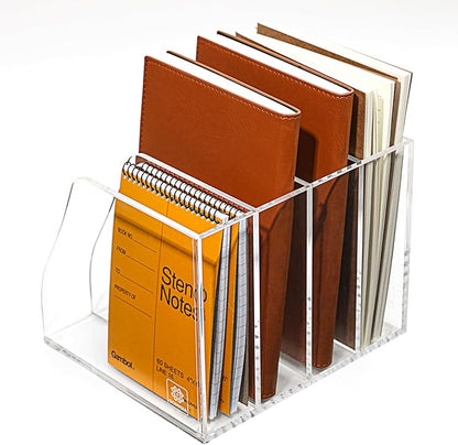 Acrylic Magazine File Holder, 4 Vertical Compartments Desk Document Sorter Organizer, Clear Folder Rack Binder for Office, Documents, Tablets, Magazines, Books – Home/Classroom Rack