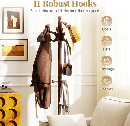 Tangkula Coat Rack Freestanding, Solid Rubber Wood Coat Tree with 11 Hooks and 3 Height Options for Coats, Hats, Bags, Purses, Clothes, Hanger Stand for Entryway Hallway Bedroom Office (Reddish Brown)
