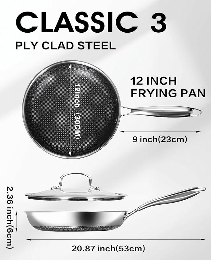 Nonstick Frying Pan with Lid,12-Inch Stainless Steel Skillet with Honeycomb Surface,Dishwasher-Friendly,Oven-Safe,Induction Compatible,PFAS-Free,Non-Toxic,Compatible with All Cooktops.