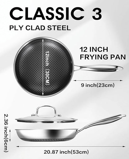 Nonstick Frying Pan with Lid,12-Inch Stainless Steel Skillet with Honeycomb Surface,Dishwasher-Friendly,Oven-Safe,Induction Compatible,PFAS-Free,Non-Toxic,Compatible with All Cooktops.