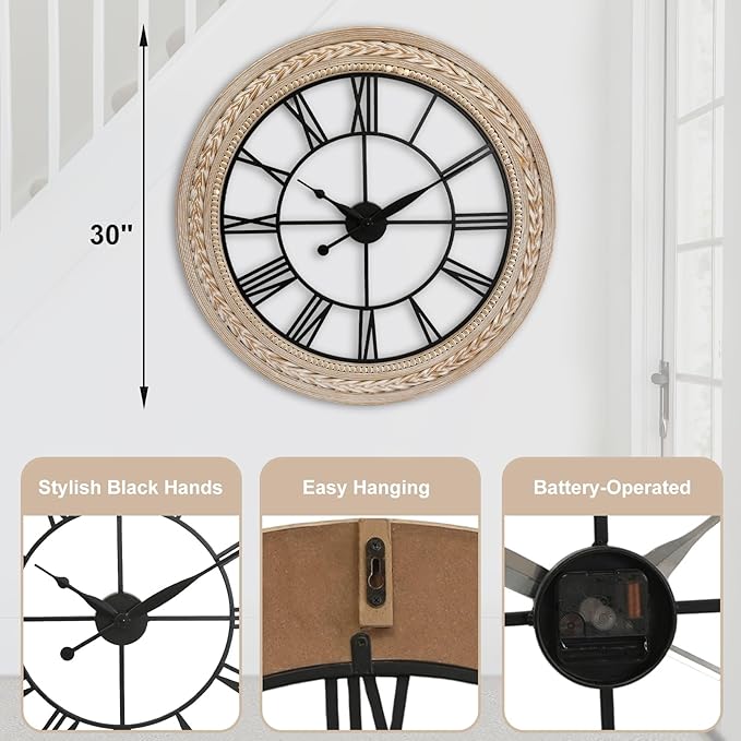 RiteSune Wall Clock 30 Inch Decor, Farmhouse Wall Clocks Battery Operated Silent, Bamboo Large Clocks for Wall, Oversized Wall Clock for Living Room Bedroom, Office