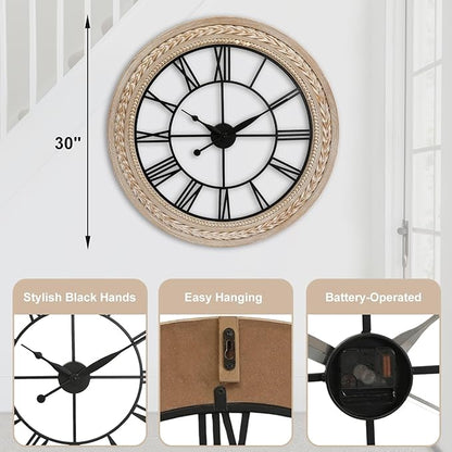 RiteSune Wall Clock 30 Inch Decor, Farmhouse Wall Clocks Battery Operated Silent, Bamboo Large Clocks for Wall, Oversized Wall Clock for Living Room Bedroom, Office