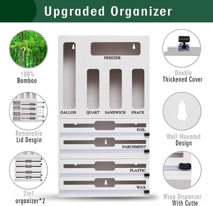 9 In 1 Storage Bag Organizer And Plastic Wrap Dispenser With Cutter, Bamboo Foil and Plastic Wrap Organizer