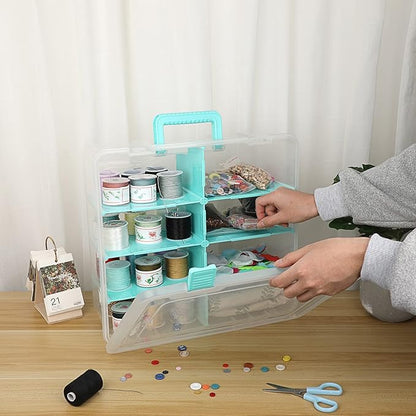 BTSKY Clear Plastic Dividing Storage Box with 8 Deep Compartments Adjustable Storage Bin with Lid Portable Craft Storage Container Multipurpose Sewing Box Art Supply Organizer, 15.1x13.9x6.1 Inches
