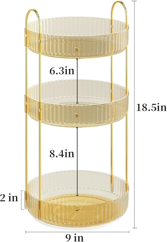 Rotating Makeup Organizer Countertop,Skincare Organizers,Spinning Perfume Tray Stand,Makeup Storage Organizer for Vanity,Bathroom Organizer and Storage,Lazy Susan,3 Tier,Gold