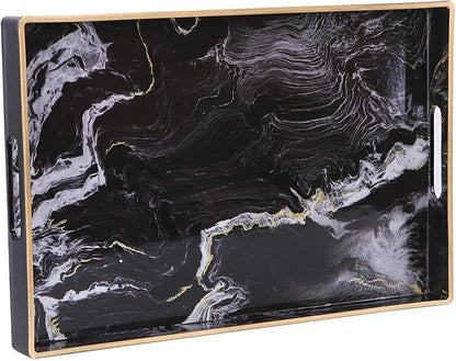 Decorative Tray, Marbling Plastic Tray with Handles, Rectangular Vanity Tray and Serving Tray for Bathroom, Kitchen, Ottoman and Coffee Table, 15.6” x 10.2”, Black