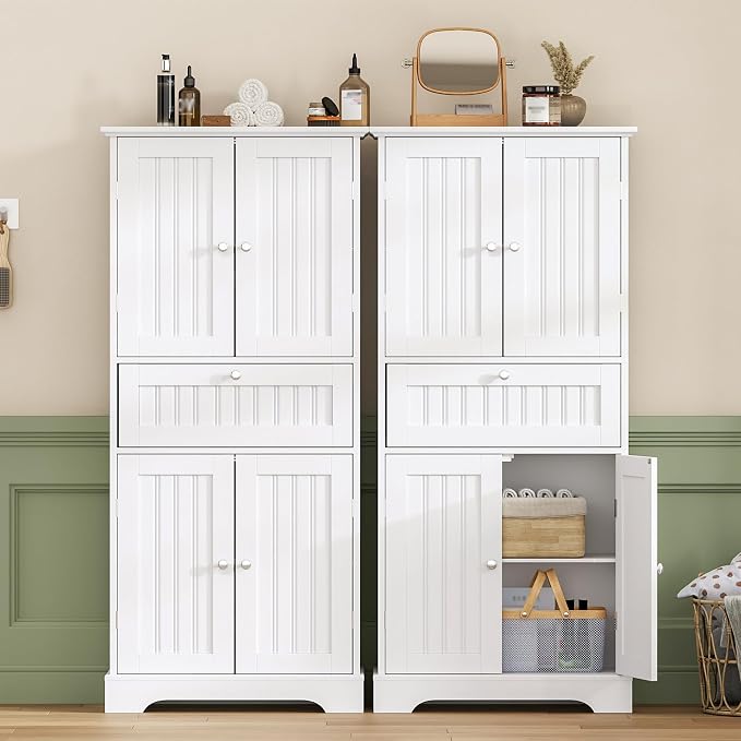 ChooChoo 51" H Tall Bathroom Floor Cabinet, Modern Bathroom Storage Cabinet with Drawer and Adjustable Shelves, Freestanding Kitchen Pantry Cupboard with 4 Doors for Living Room, White