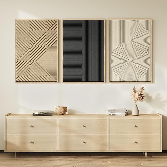 Framed 3D Textured Boho Abstract Wall Art for Living Room, Large 3 Piece Modern Neutral Minimalist Artworks, Black and Beige Geometric Sandstone Prints for Entryway Hallway Office Wall Decor, 24x36 In