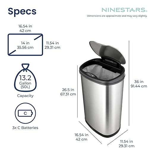 Ninestars 13 Gallon Oval Automatic Trash Can, 50L Touchless Motion Sensor Garbage Can with Odor-Sealing Lid & One-Touch Manual Mode, Silver Stainless Steel, Black Trim