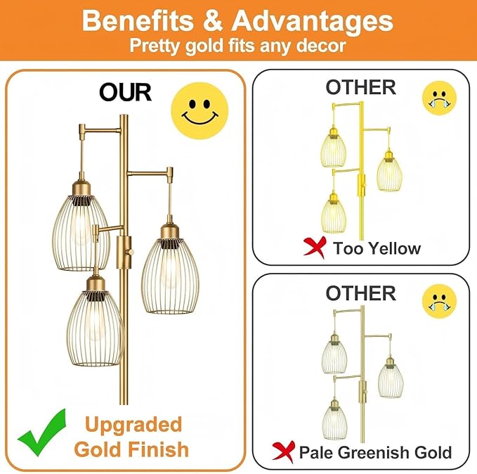Dimmable Floor Lamp, Industrial Floor Lamps for Living Room, Gold Tree Lamp Standing Lamp Tall Lamps with 3 Elegant Teardrop Cage Head & 800 Lumens LED Bulbs for Living room Bedroom Office Dining Room