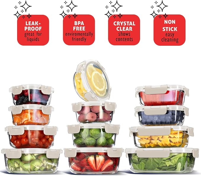 Nestl 48pc Glass Storage Containers with Lids, 24 Glass Food Storage Containers with 24 Airtight Lids for Pantry & Kitchen, Meal Prep Containers for Lunch, Oven Microwave & Dishwasher Safe, Cream