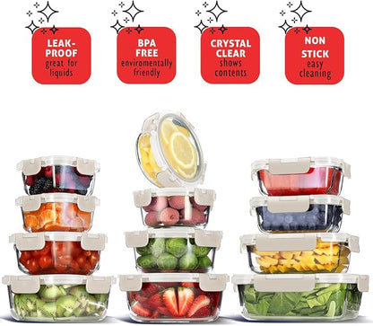 Nestl 48pc Glass Storage Containers with Lids, 24 Glass Food Storage Containers with 24 Airtight Lids for Pantry & Kitchen, Meal Prep Containers for Lunch, Oven Microwave & Dishwasher Safe, Cream