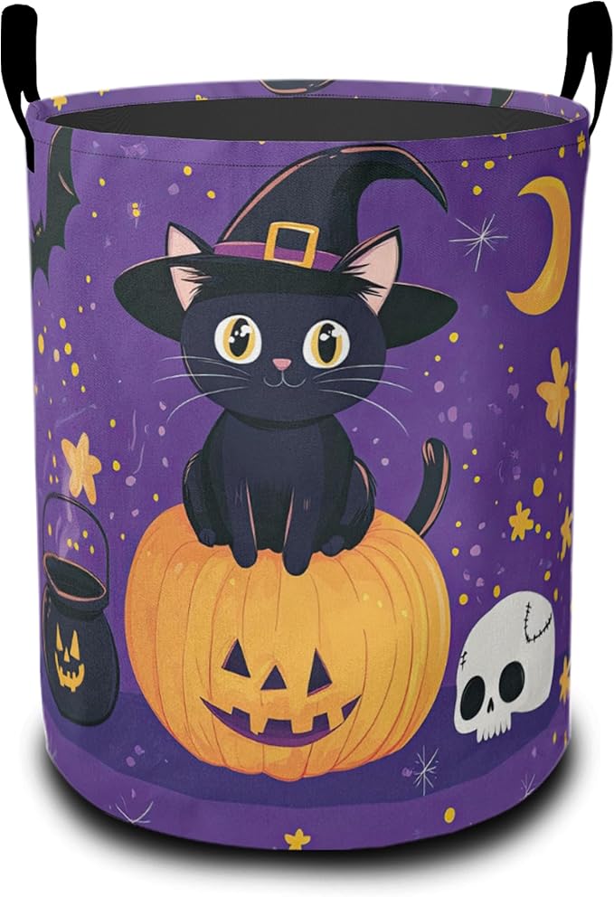 Laundry Basket,Halloween Cat Large Canvas Fabric Lightweight Storage Hamper Organizer Dirty Clothes Collapsible Waterproof for College Dorms,Bathroom