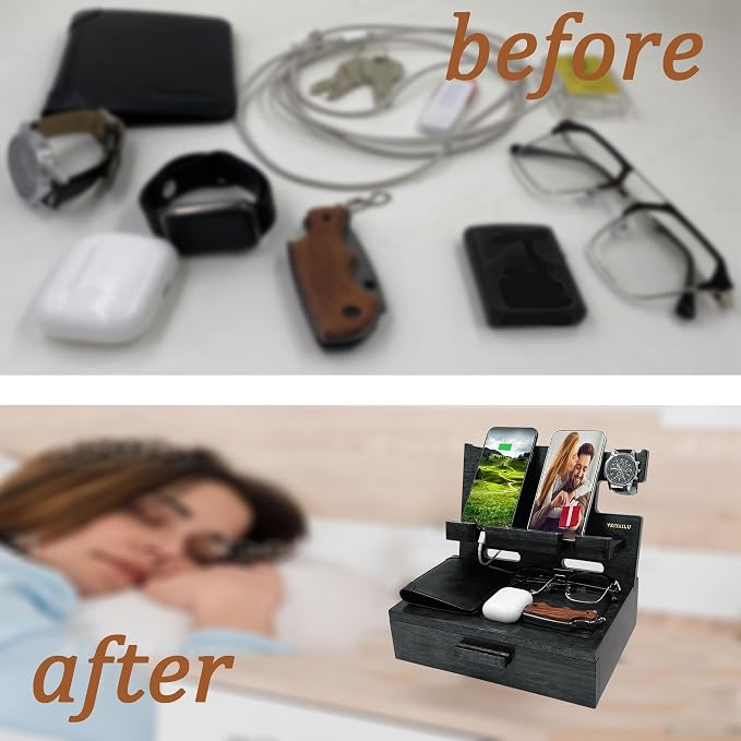 VEIYAILU Gifts for Him Husband Boyfriend Son Men Nightstand Organizer Wood Phone Docking Station Birthday Gifts (Black)