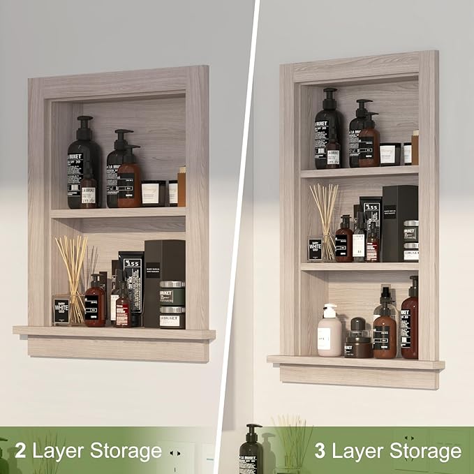 Recessed Medicine Cabinet,Fully Assembled Recessed Wall Niche,Waterproof in Wall Medicine Cabinet for Bathroom,Replacement Medicine Cabinet Shelves for Living Room,Washed Oak Shower Niche