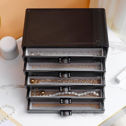 YUFONG Necklace Holder Organizer, Dustproof Necklace Box Velvet Necklace Organizer Box with Lid Clear Acrylic Dustproof Stackable Jewelry Displays for Necklaces Chain Display (Black Gray, 5 Drawer)