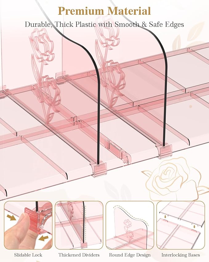Rose Purse Dividers for Closet, 2 Pack Clear Clutch Purse Closet Organizers, Adjustable Handbag Storage Organizers, Plastic Bookshelf Separator Dividers for Bedroom Office