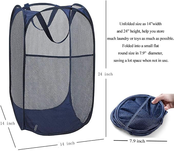 Larpur Popup Mesh Laundry Basket, Collapsible Clothes Washing Laundry Hamper with Reinforced Carry Handles, Portable Foldable Dirty Clothes Hamper for Home Dorm Cruise Travel (Blue)