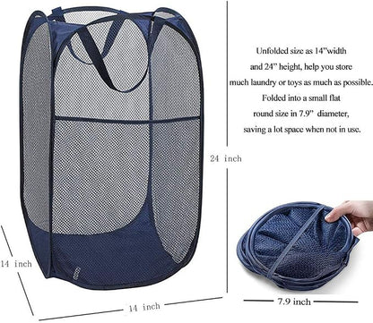Larpur Popup Mesh Laundry Basket, Collapsible Clothes Washing Laundry Hamper with Reinforced Carry Handles, Portable Foldable Dirty Clothes Hamper for Home Dorm Cruise Travel (Blue)