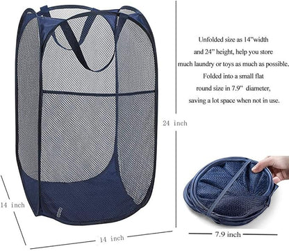 Larpur Popup Mesh Laundry Basket, Collapsible and Portable Clothes Washing Laundry Hamper with Reinforced Carry Handle (Blue*2)