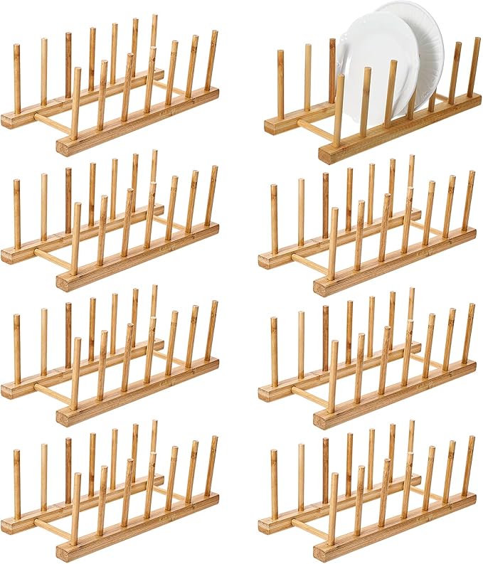 8 Pcs Bamboo Plate Holder & Wooden Dish Rack Organizer, 11.6x4.7x3.9 Inch Bamboo Wooden Dish Rack for Plates, Bowls, Cutting Boards & Kitchen Cabinet Storage