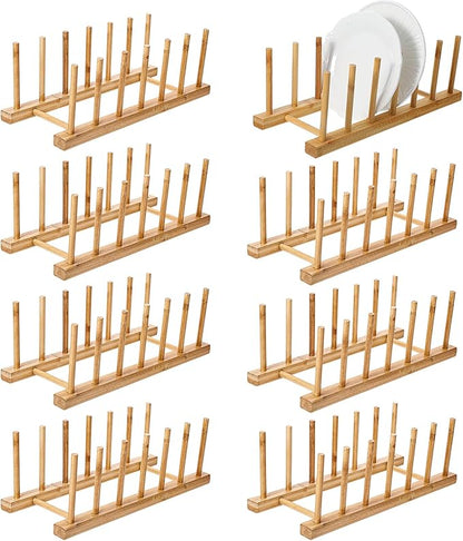 8 Pcs Bamboo Plate Holder & Wooden Dish Rack Organizer, 11.6x4.7x3.9 Inch Bamboo Wooden Dish Rack for Plates, Bowls, Cutting Boards & Kitchen Cabinet Storage