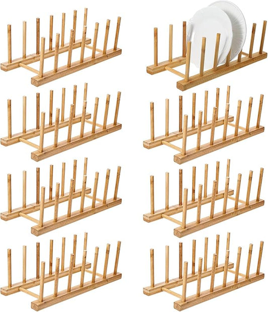 8 Pcs Bamboo Plate Holder & Wooden Dish Rack Organizer, 11.6x4.7x3.9 Inch Bamboo Wooden Dish Rack for Plates, Bowls, Cutting Boards & Kitchen Cabinet Storage