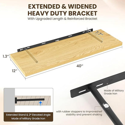 Dreamland 40" Floating Shelves for Wall, 12" Deep Slim Oak Floating Shelves, Wall-Mounted Shelves for Bedroom, Living Room, Kitchen, Bathroom - Set of 2