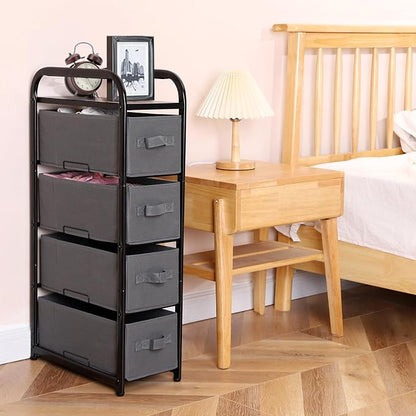 MAX Houser 4 Drawer Narrow Dresser Fabric Storage Tower Vertical Slim Storage Chest Organizer Nightstand Side/End Table Small Standing Organizer Removable Drawers Wood Top for Bedroom, Bathroom（Grey