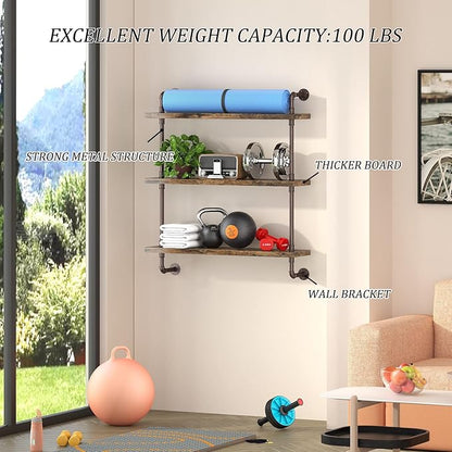 Industrial Pipe Shelf Wall Mounted, Rustic Wood Floating Shelves, 3 Tier Wall Display Bookshelf, Storage Rack Sundries Holder for Kitchen Office Bathroom Organization and Home Decor (24inch x 2)