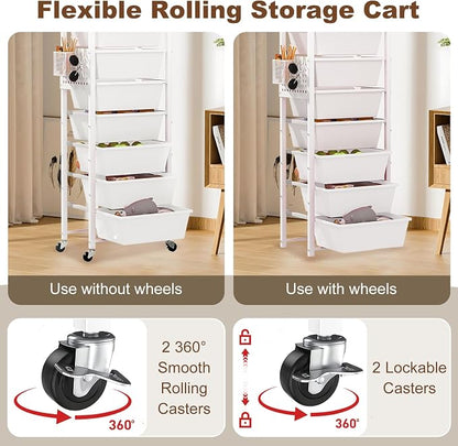 Rolling Cart with Drawers, Rolling Storage Cart with 8 Large Plastic Drawers & Wooden Tabletop, Utility Cart with Pegboards & Basket, Storage Drawers Cart for Living Room, Classroom, Bedroom, Office