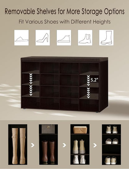 DINZI LVJ Shoe Storage Bench with Cushion, 16-Cubby Shoe Rack, Adjustable Shelves, Multifunctional Shoe Organizer Bench for Entryway, Mudroom, Hallway, Living Room, Bedroom and Garage, Espresso