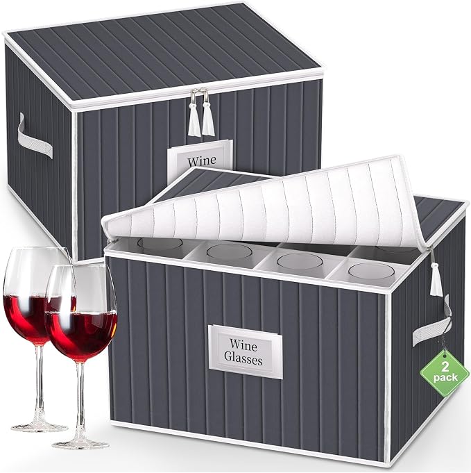 Wine Glass Storage Box, Glassware Storage Containers w/Hard Shell Side Bottom Support & Padded Dividers, Stackable Stemware Storage Case for 24 China Crystal Glasses Drinkware, Moving Supplies