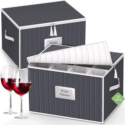 Wine Glass Storage Box, Glassware Storage Containers w/Hard Shell Side Bottom Support & Padded Dividers, Stackable Stemware Storage Case for 24 China Crystal Glasses Drinkware, Moving Supplies
