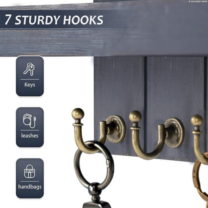 Pine Wood Key Holder Wall Mount for Home Decor - Stylish Key Holder for Wall with Shelf and 7 Key Hooks for Mail Organizer - Rustic key organizer for House & Apartment Essentials(Royal Blue,15-inch)