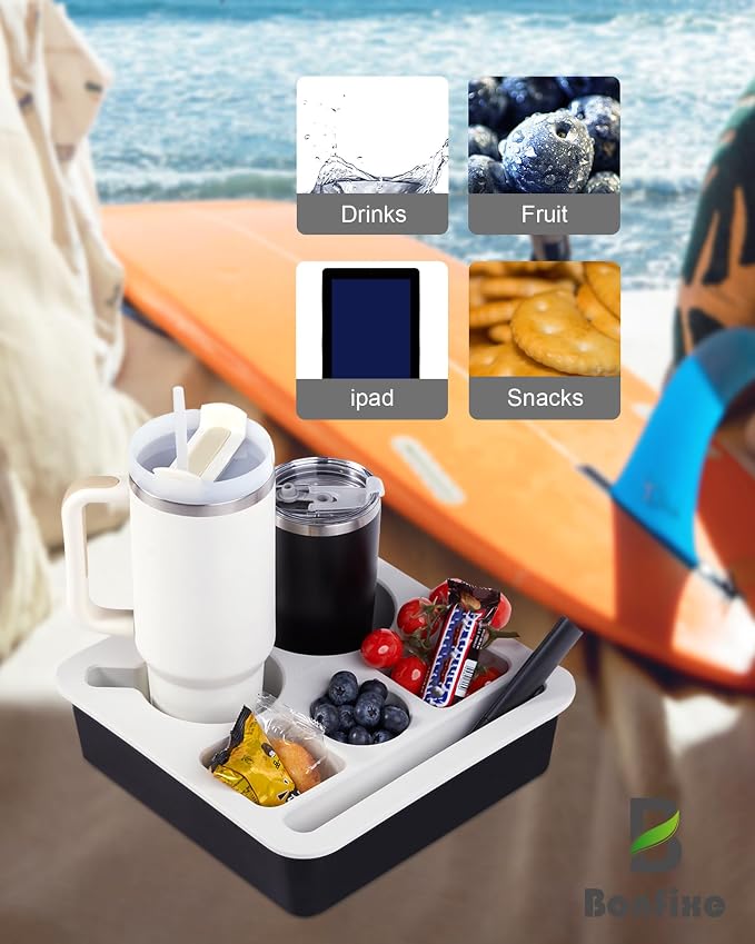Couch Cup Holder Tray, Bonfixe Stable Couch Caddy for Bed and Sofa, Upgraded Capacity Health-Friendly Silicone Anti-Spill Drink Holder Organizer for Snacks Beverage (White-Gray)