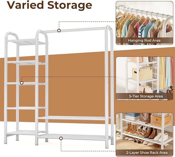 Heavy Duty Clothes Rack with 5 Tiers Shelves, Max Load 670LBS, Portable Freestanding Multi-Functional Metal Clothing Rack with Hanging Rods Organizer System for Bedroom Closet Wardrobe, White